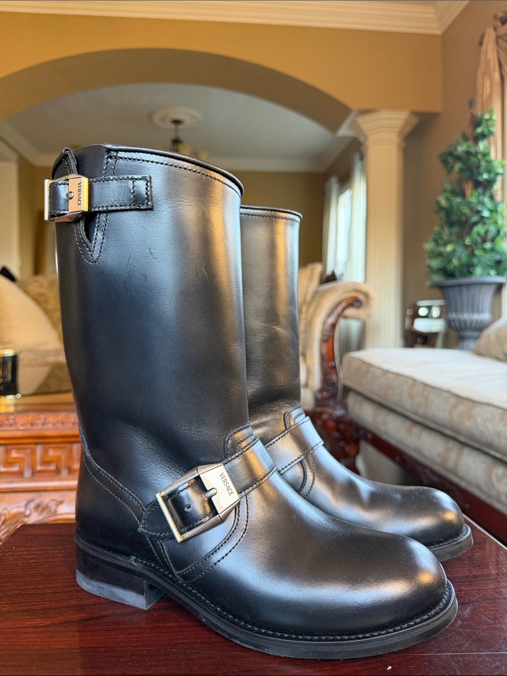 Versace Black Leather Mid-Calf Buckle Boots